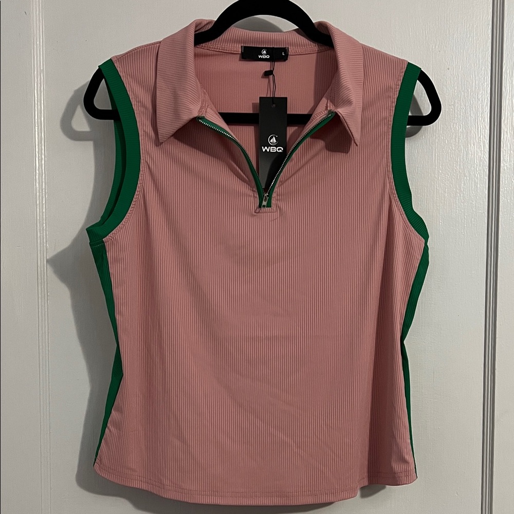 WBQ Pink and Green Women's Polo Quarter Zip Tank Top